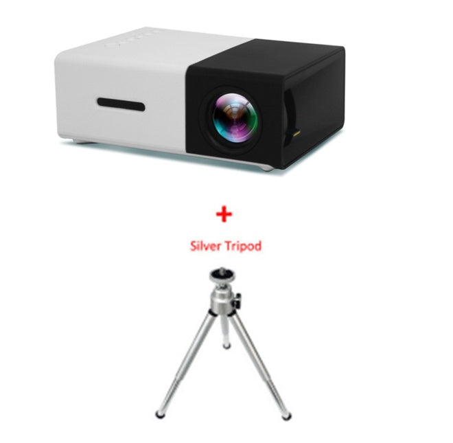 1080P LED Mini High Definition Projector with silver tripod for enhanced viewing experience