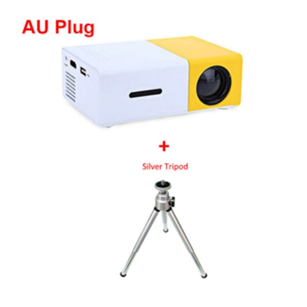 1080P LED Mini High Definition Projector with AU plug and silver tripod for enhanced viewing experience.