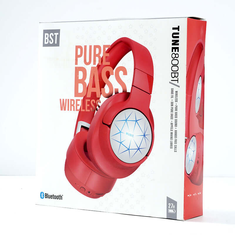 Stereo Headset Wireless Bluetooth Headset packaging showcasing its features and design.