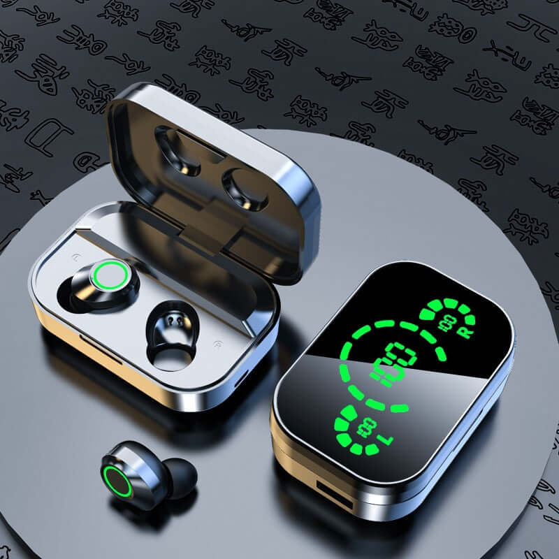 YD03 Wireless Bluetooth-compatible Headset TWS displayed with charging case showing battery level on LED screen.