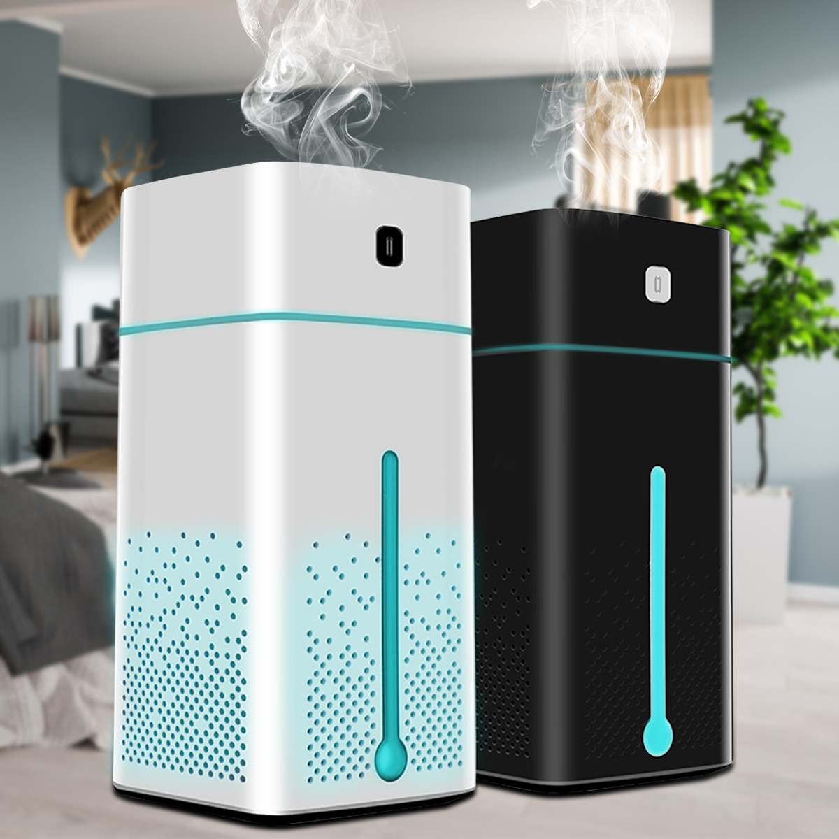 Air Purifier Humidifier in black and white colors generating mist in a modern living room.