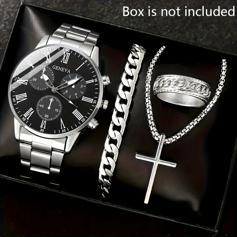 Men’s 4-Piece Set – Quartz Watch, Necklace, Bracelet & Ring