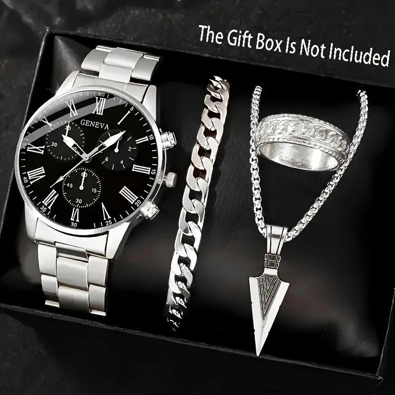 Men’s 4-Piece Set – Quartz Watch, Necklace, Bracelet & Ring