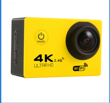 4K Waterproof Sport Camera in vibrant yellow color with Wi-Fi feature for capturing every adventure in stunning quality.