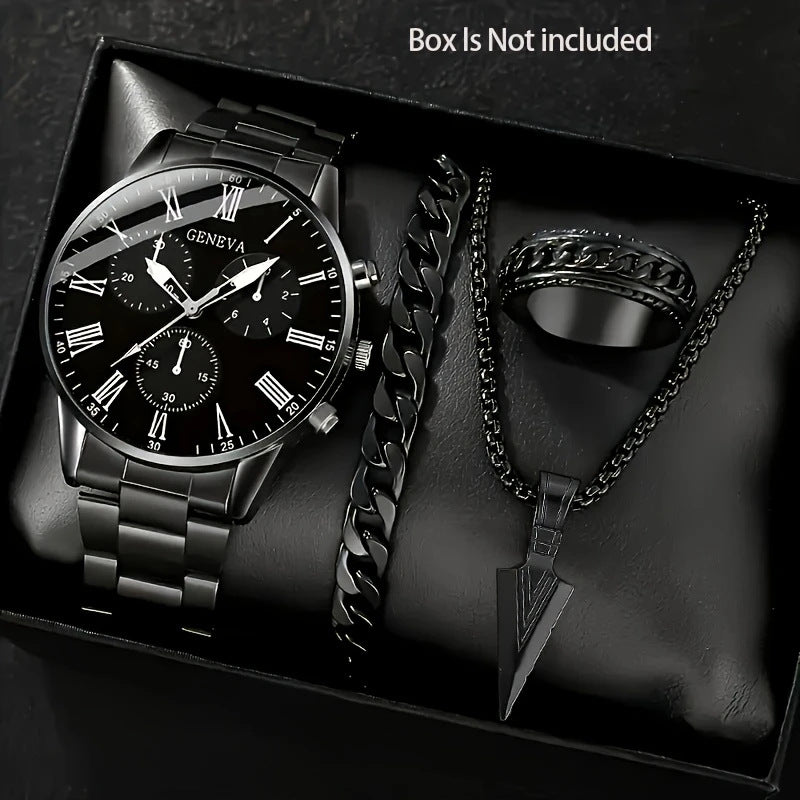 Men’s 4-Piece Set – Quartz Watch, Necklace, Bracelet &amp; Ring
