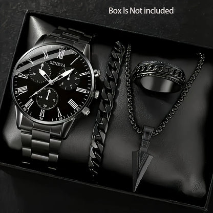 Men’s 4-Piece Set – Quartz Watch, Necklace, Bracelet &amp; Ring
