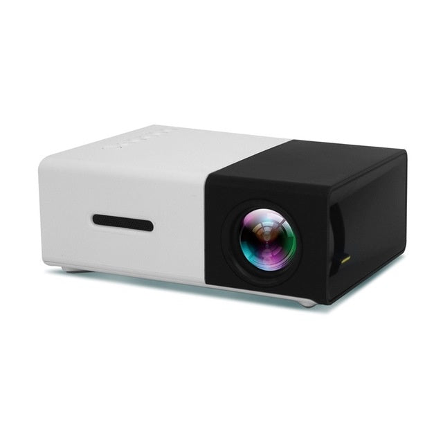 1080P LED Mini High Definition Projector in black and white design with lens visible.