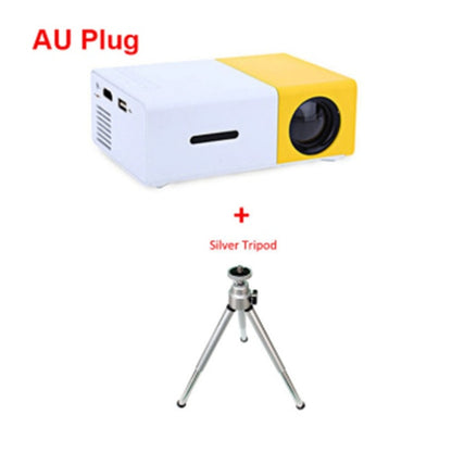 1080P LED Mini High Definition Projector with AU plug and silver tripod for enhanced viewing experience.