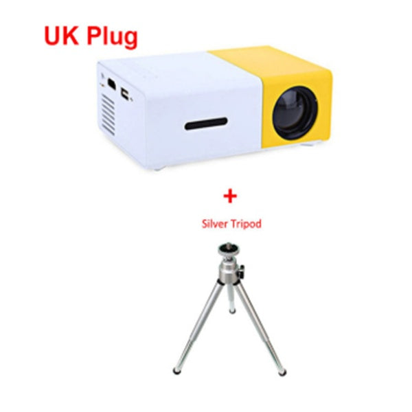 1080P LED Mini High Definition Projector with UK plug and silver tripod for versatile home entertainment.