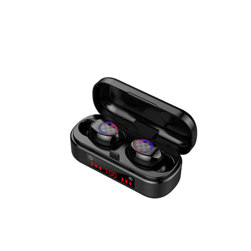 M7 Bluetooth headset in charging case showing battery display and earplug design.