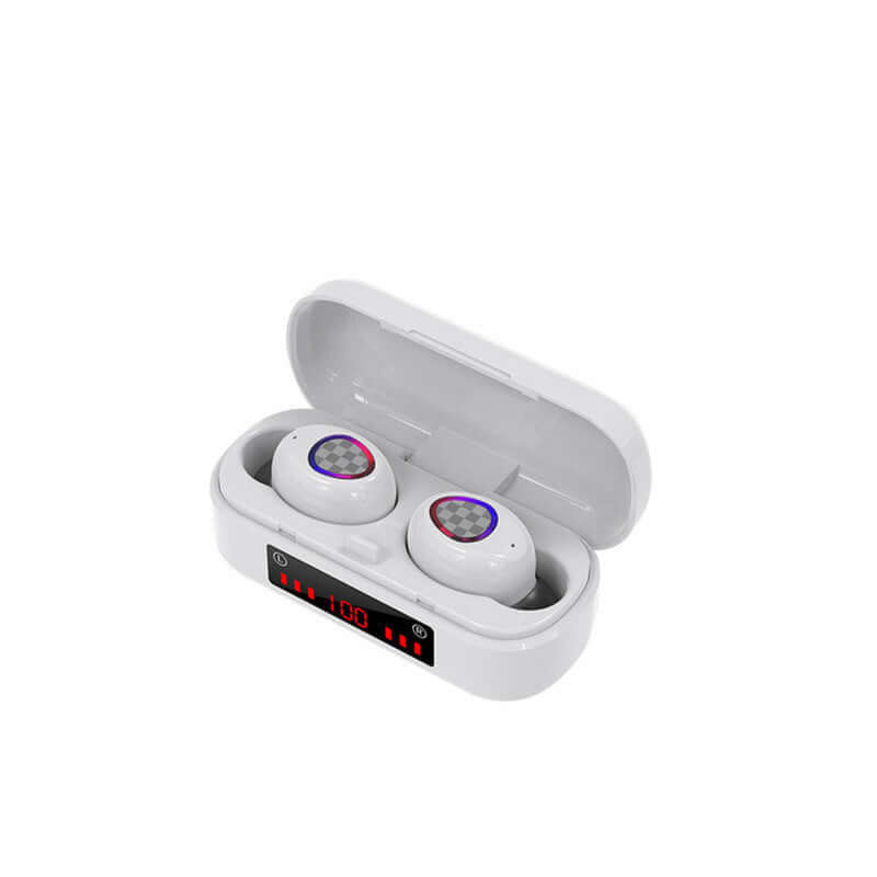 M7 Bluetooth headset in charging case with battery display and earplugs in white color.