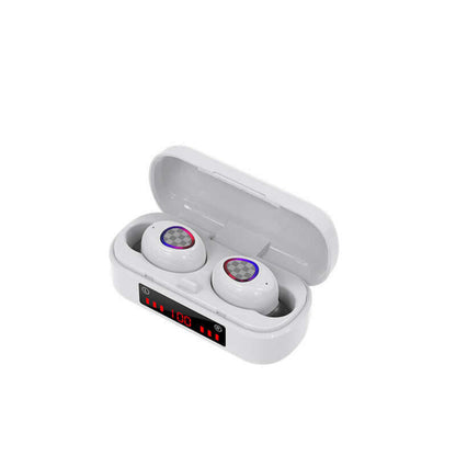 M7 Bluetooth headset in charging case with battery display and earplugs in white color.