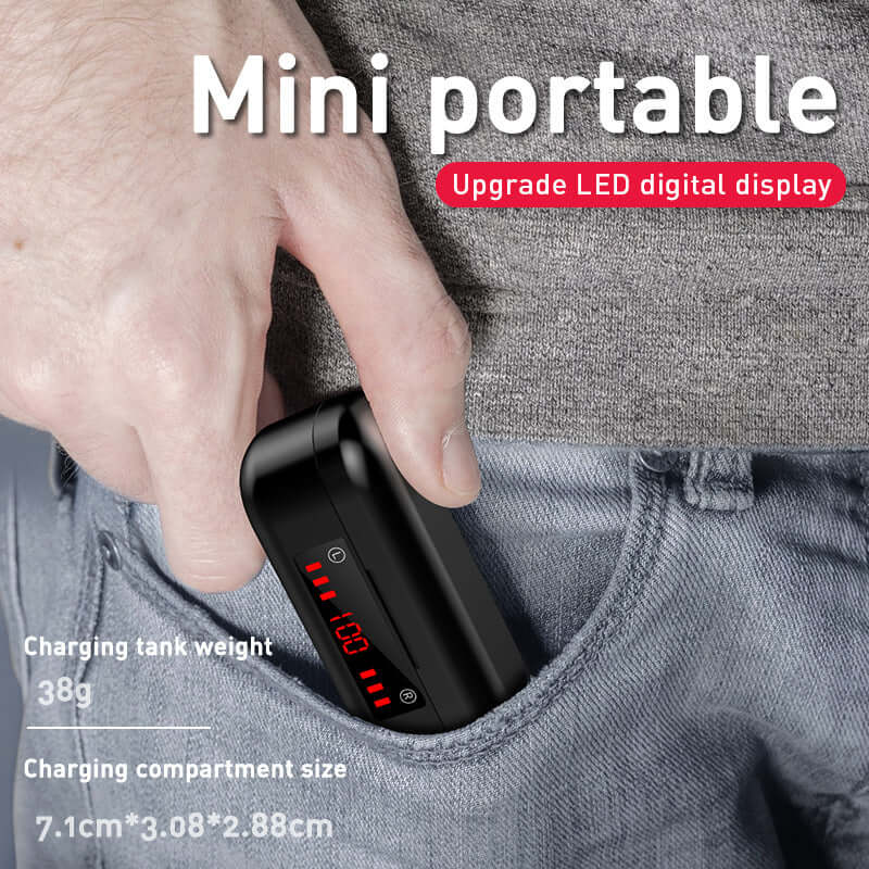 Person placing the compact M7 Bluetooth headset charging case with LED display into a pocket.