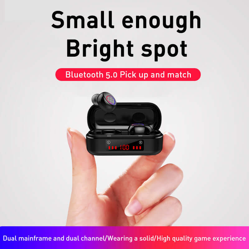 M7 Bluetooth headset in charging case showing battery display and Bluetooth 5.0 connectivity features.