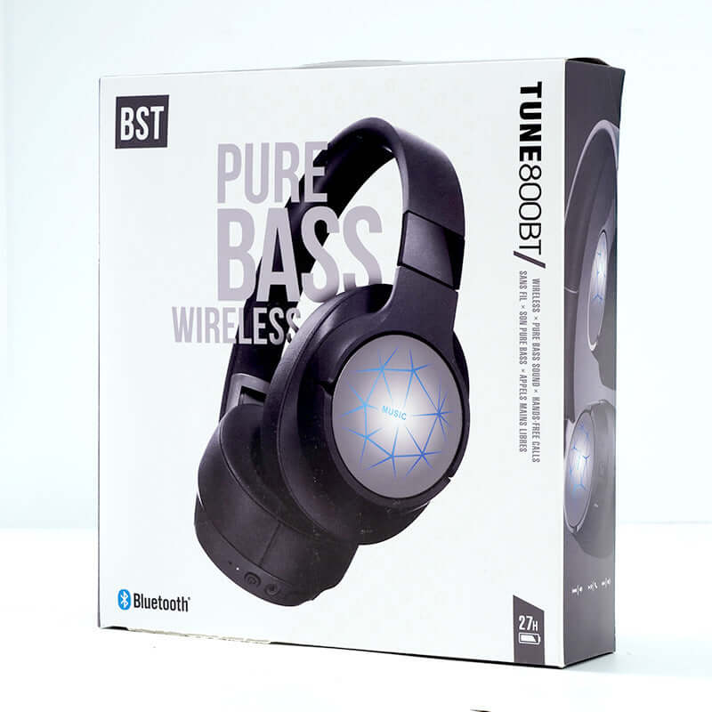 Stereo Headset Wireless Bluetooth Headset packaging with Pure Bass and Bluetooth features displayed.