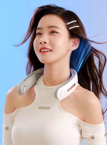 Lazy Mute Outdoor Sports USB Folding Leafless Hanging Neck Electric fan being worn by a smiling woman.