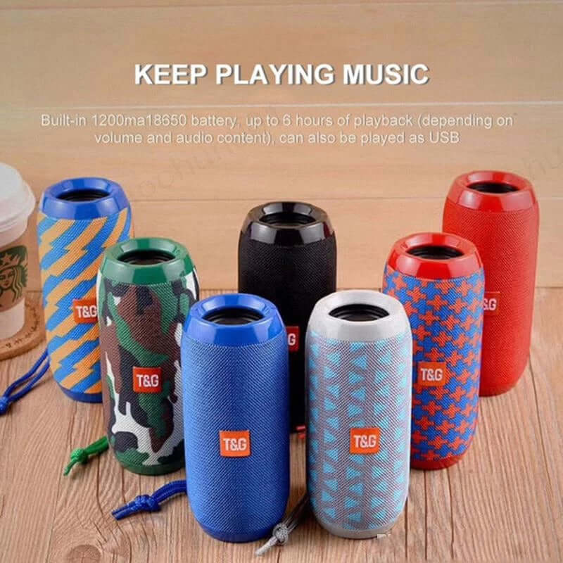 Wireless Bluetooth Speaker 10W Waterproof variety of colorful column subwoofers displayed on a table.