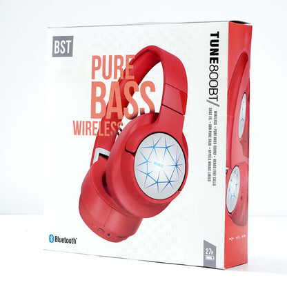 Stereo Headset Wireless Bluetooth Headset packaging showcasing its features and design.