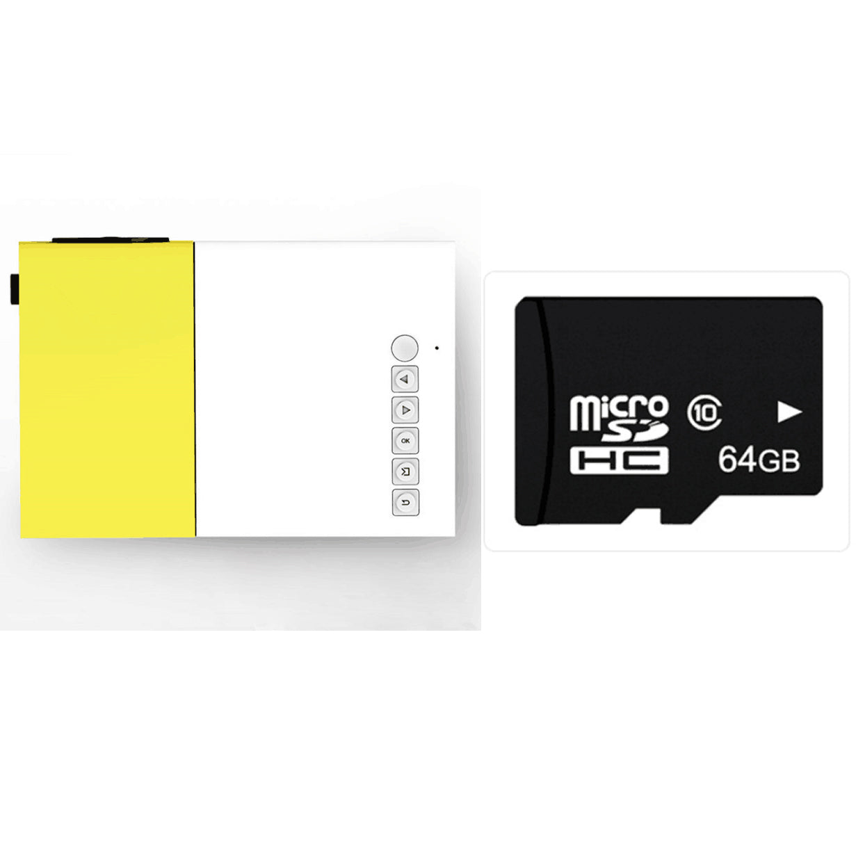 1080P LED Mini High Definition Projector next to a 64GB microSD card, ideal for storage and multimedia.
