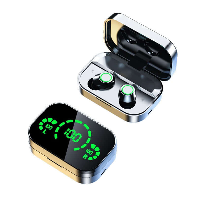 YD03 Wireless Bluetooth-compatible Headset TWS in charging case with LED display showing power level