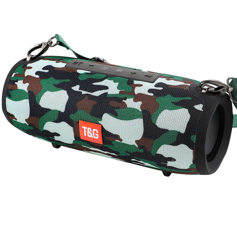 Wireless Bluetooth Speaker 10W Waterproof in stylish camo design with easy control buttons.