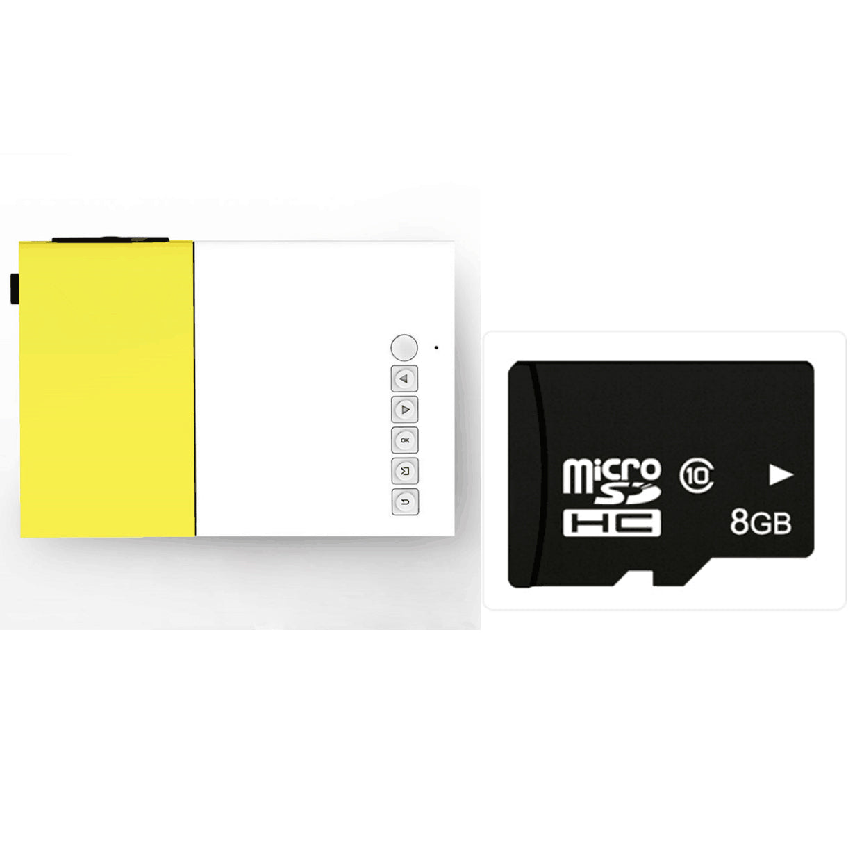 1080P LED Mini High Definition Projector alongside an 8GB micro SD card for enhanced storage.