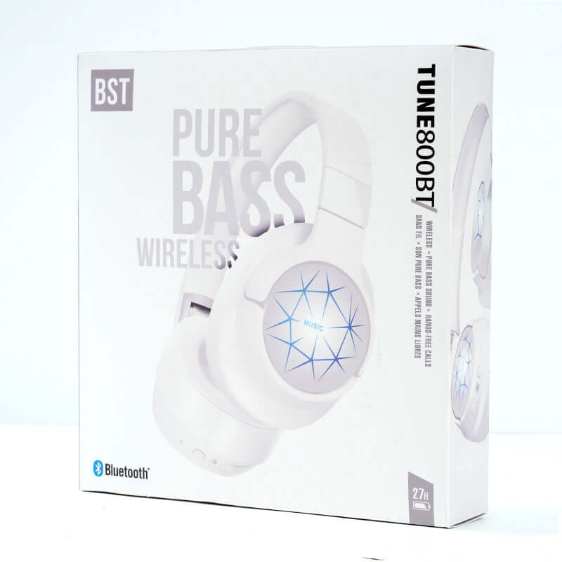 Stereo Headset Wireless Bluetooth Headset packaging featuring pure bass and wireless connectivity.