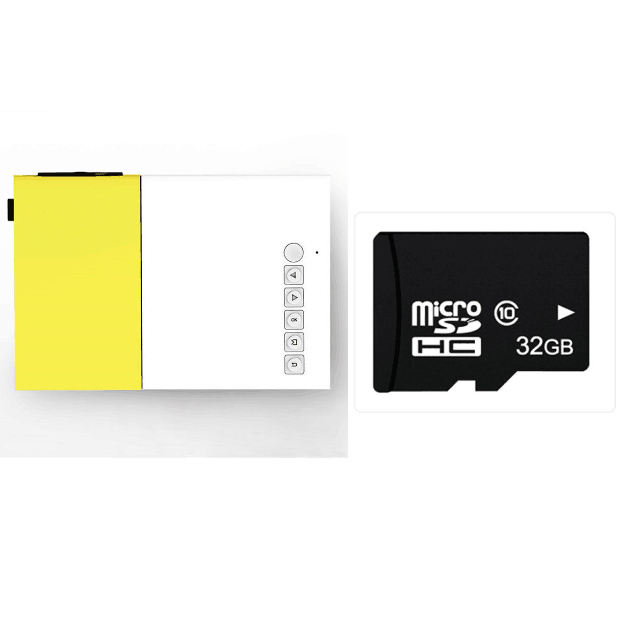 1080P LED Mini High Definition Projector beside a micro SD card with 32GB capacity