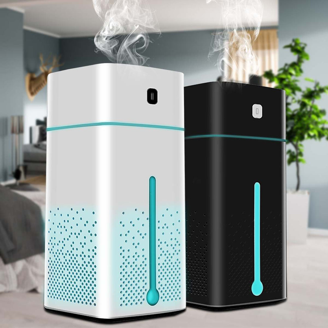 Air Purifier Humidifier in black and white color, showcasing mist spray and LED light features in a home setting.