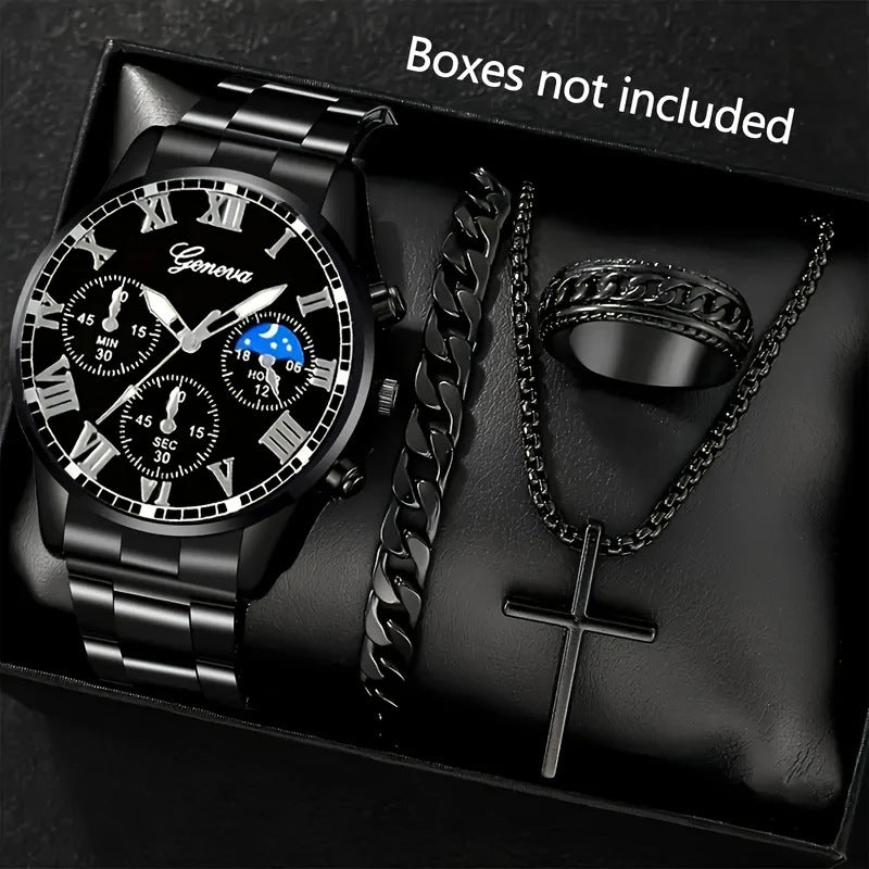 Men’s 4-Piece Set – Quartz Watch, Necklace, Bracelet &amp; Ring