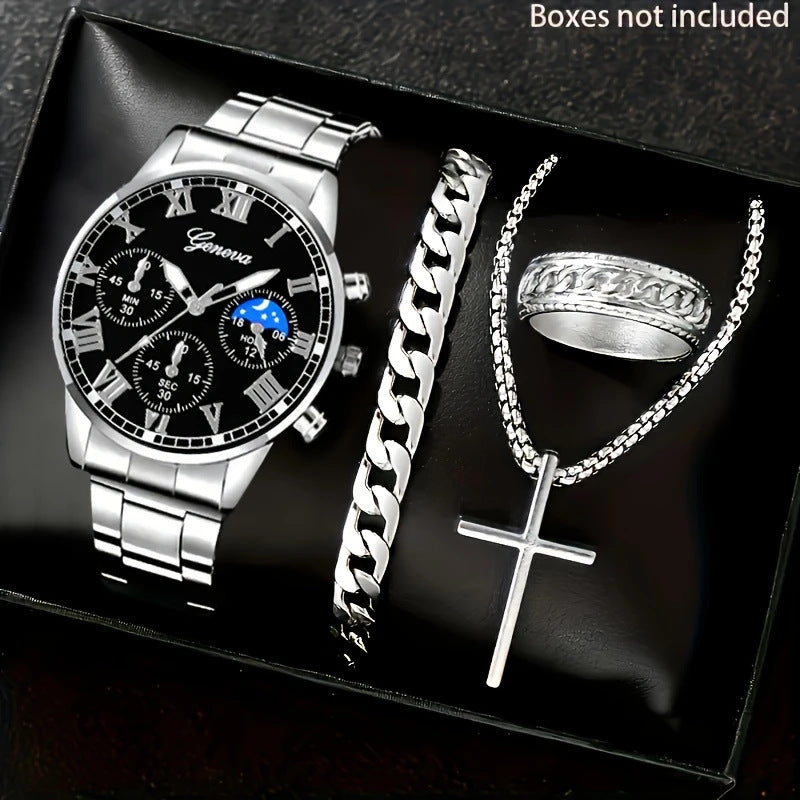 Men’s 4-Piece Set – Quartz Watch, Necklace, Bracelet &amp; Ring
