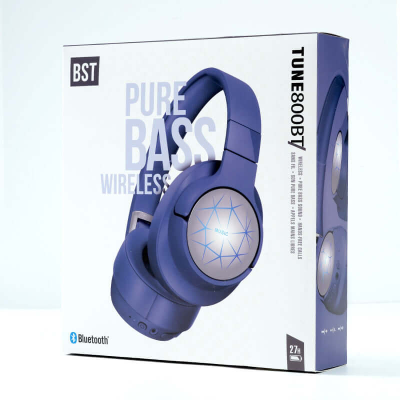 Stereo Headset Wireless Bluetooth Headset packaging featuring bass and wireless specifications.