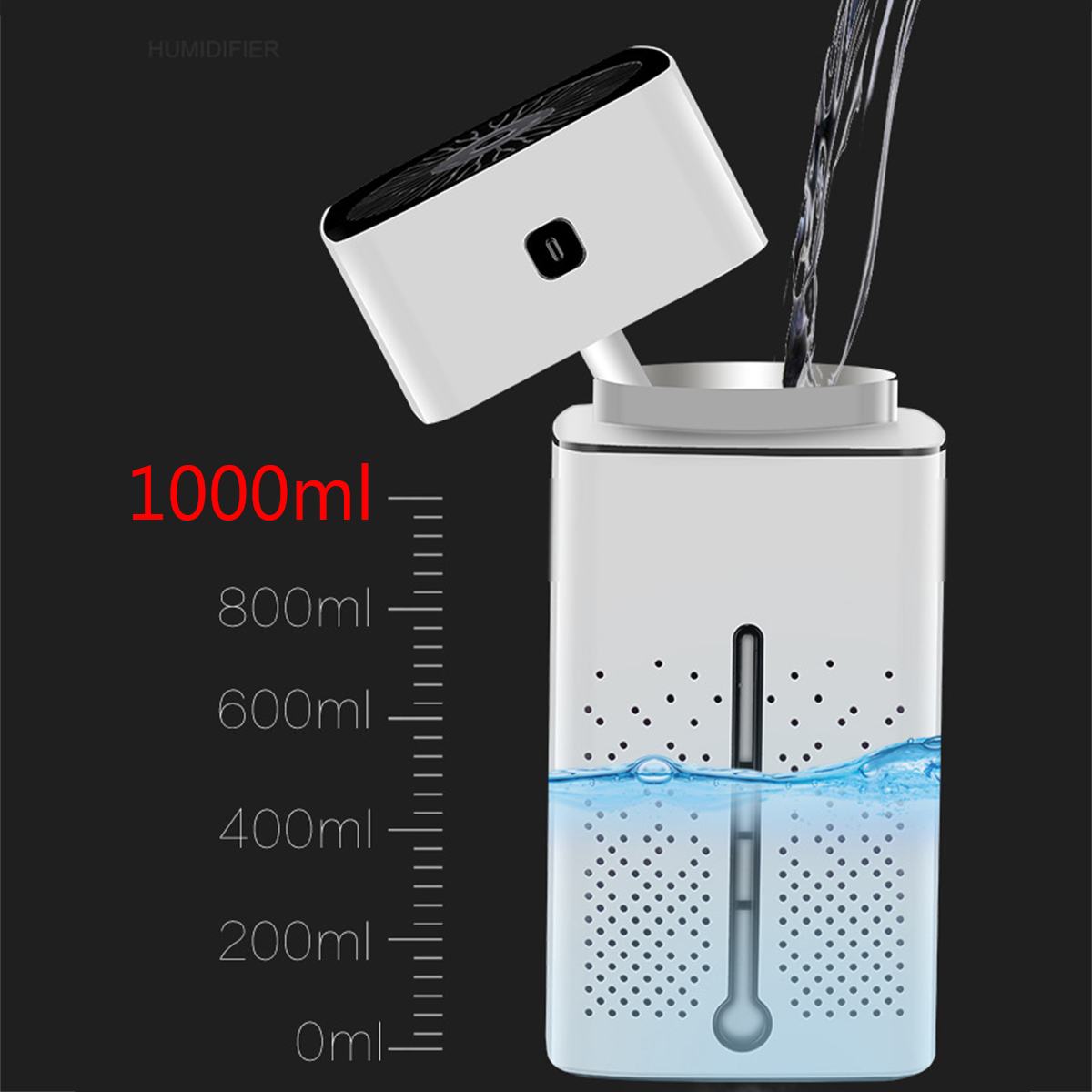 Air Purifier Humidifier showing 1000ml water tank with water level indicator and lid design for easy filling.
