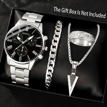 Men’s 4-Piece Set – Quartz Watch, Necklace, Bracelet &amp; Ring