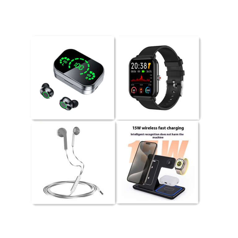 YD03 Wireless Bluetooth-compatible Headset TWS with LED power display and accessories including smartwatch and charging cable.
