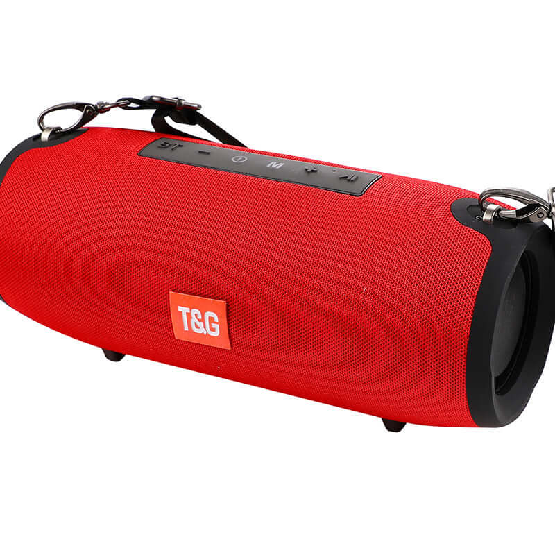 Wireless Bluetooth Speaker 10W Waterproof showing a red portable column subwoofer with controls.