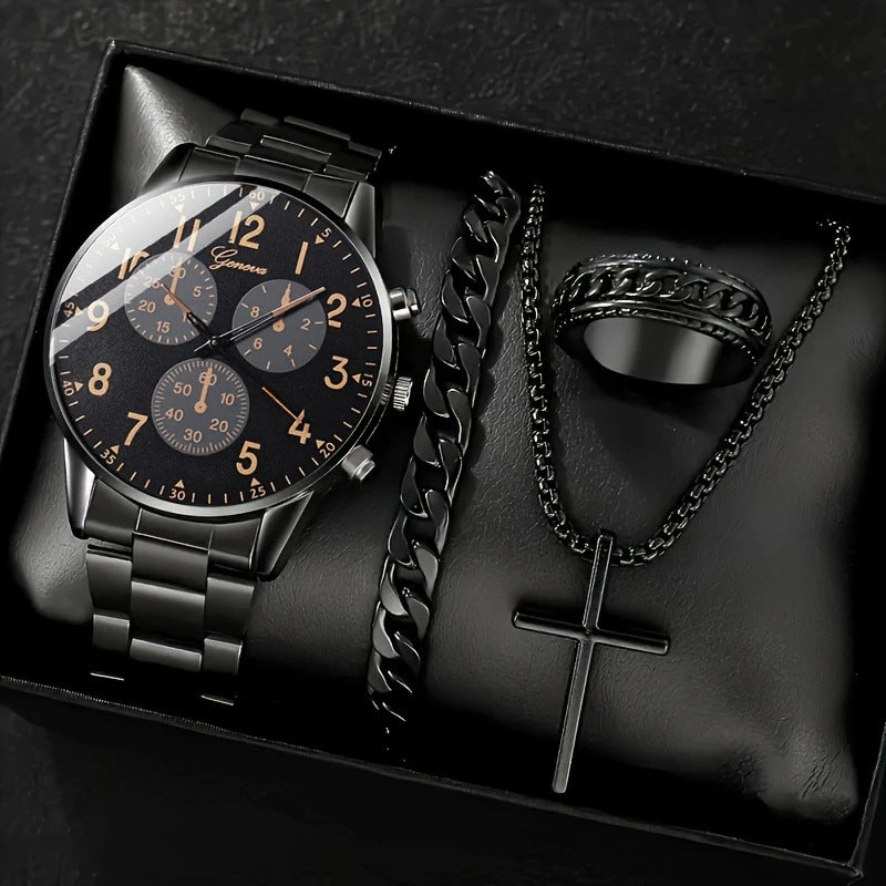 Men’s 4-Piece Set – Quartz Watch, Necklace, Bracelet &amp; Ring
