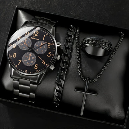 Men’s 4-Piece Set – Quartz Watch, Necklace, Bracelet &amp; Ring