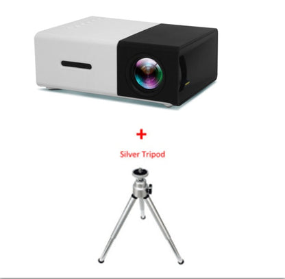 1080P LED Mini High Definition Projector with a silver tripod for stable viewing experience.
