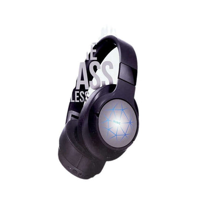 Stereo Headset Wireless Bluetooth Headset in black color with LED light and adjustable headband.