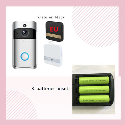 Video Doorbell Smart Wireless WiFi Security Door Bell with battery compartment and options for white or black finishes.